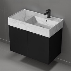 Floating Black Bathroom Vanity, Modern, 32 inch, Marble Style Sink